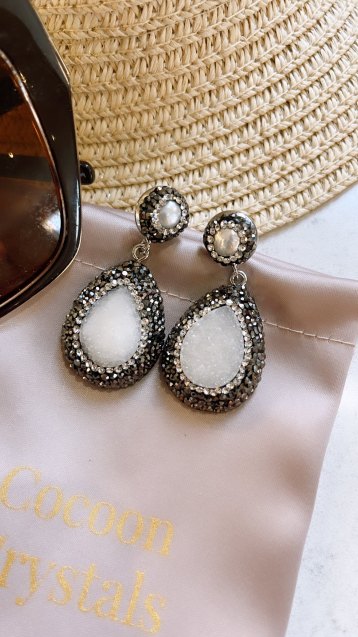 Sugar Druzy Crystal and Pearl Drop Earrings