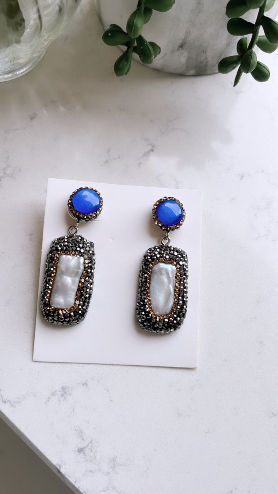 Blue Gemstone & Pearl Drop Earrings