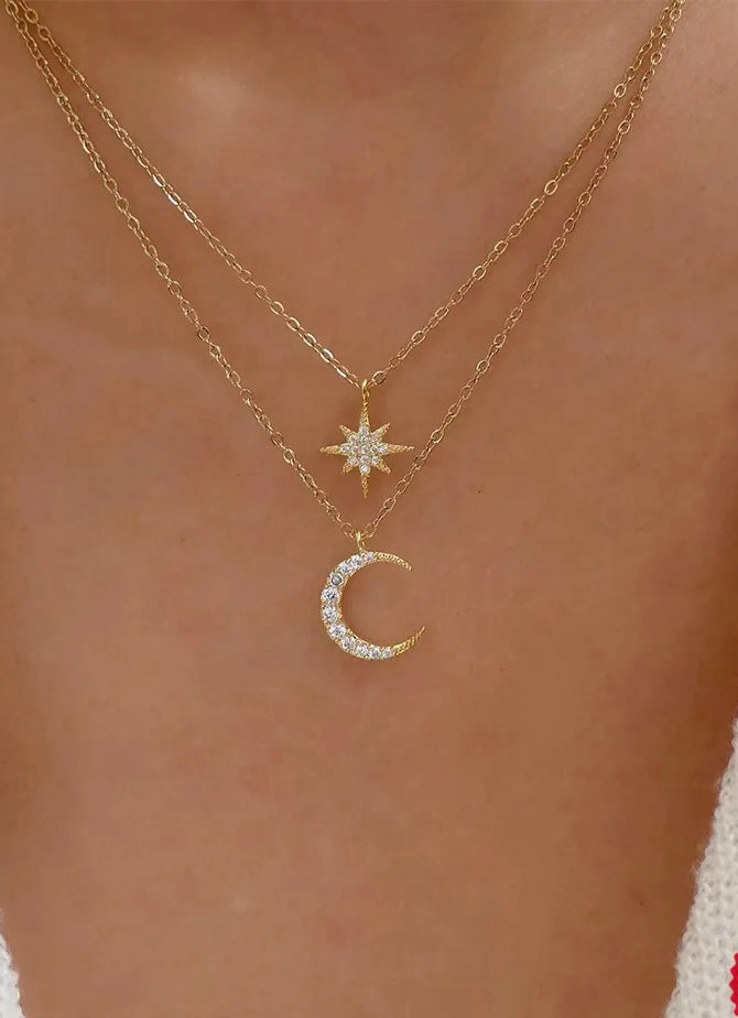 North Star and Crescent Moon Double Necklace Set