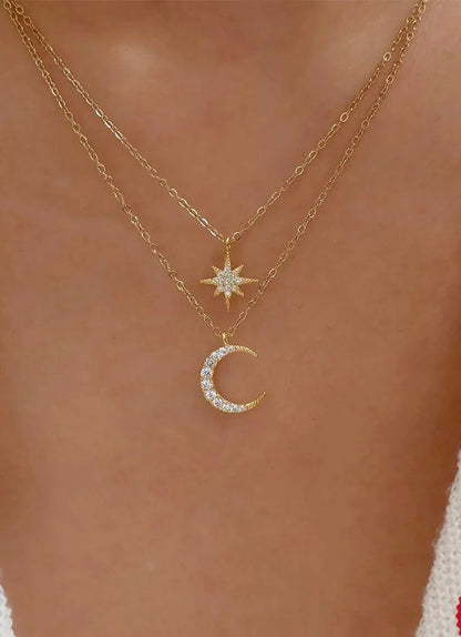 North Star and Crescent Moon Double Necklace Set