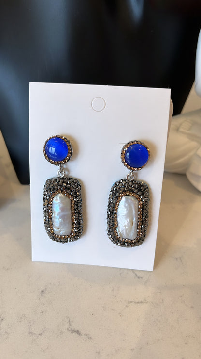 Blue Gemstone & Pearl Drop Earrings