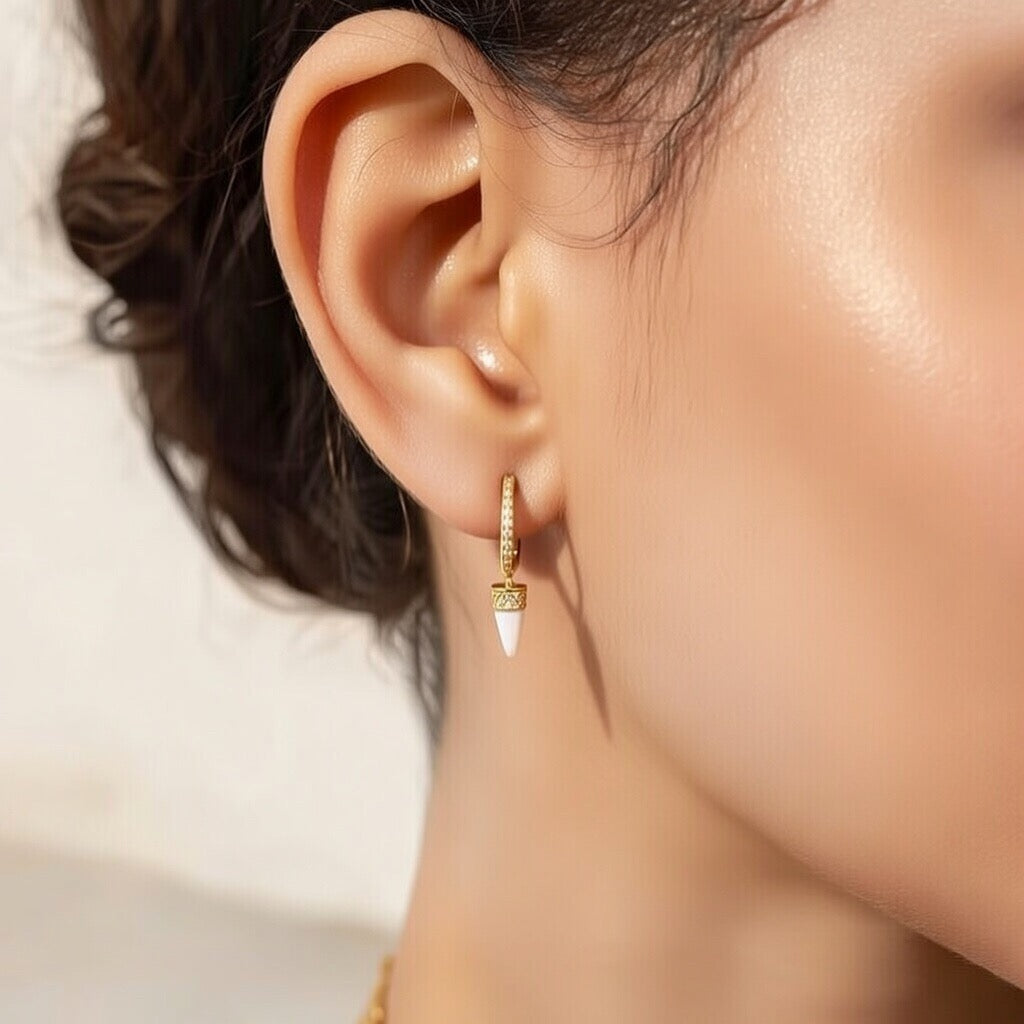Opal & Lab Diamond Huggie Earrings ~ Gold