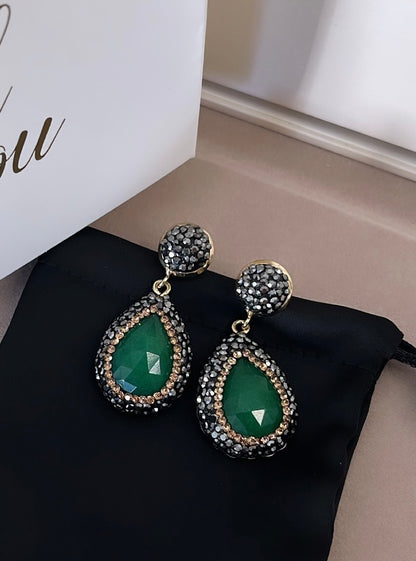 Green Jade Crystal Drop Earrings