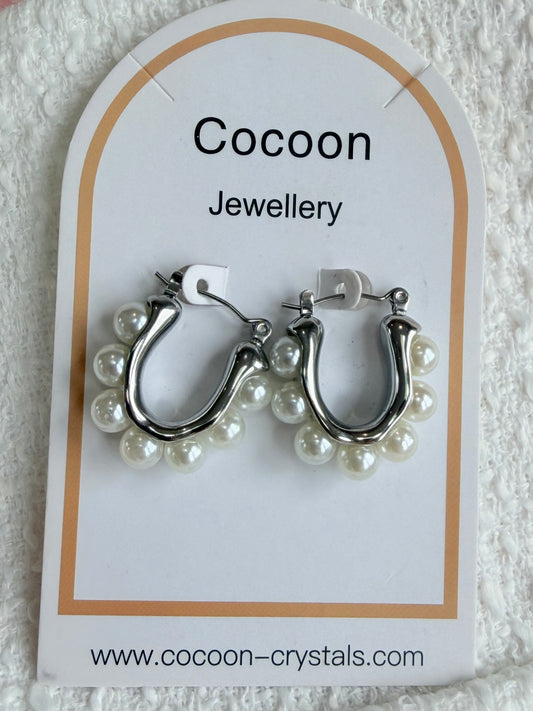 Silver Pearl Hoops
