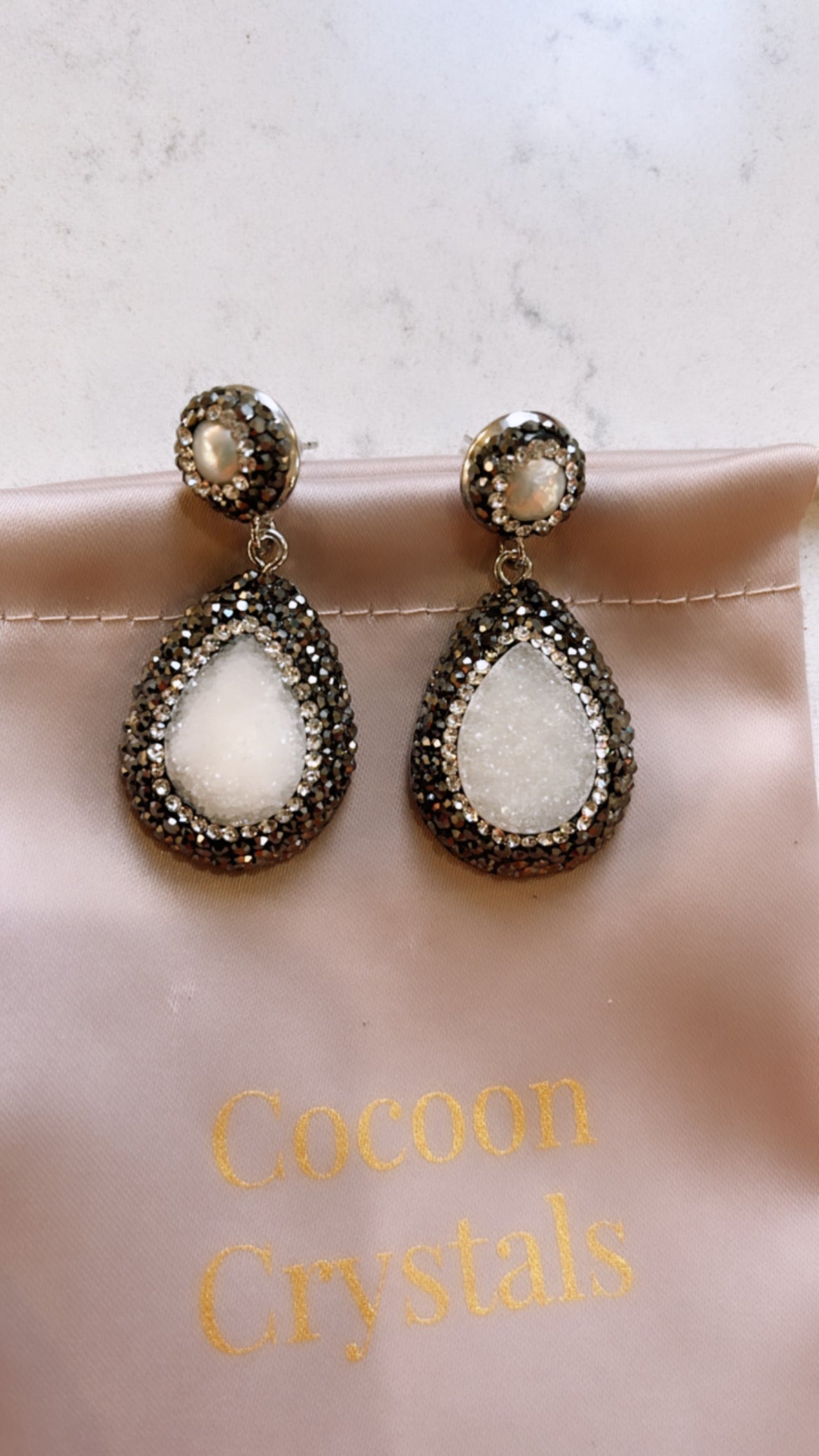 Sugar Druzy Crystal and Pearl Drop Earrings