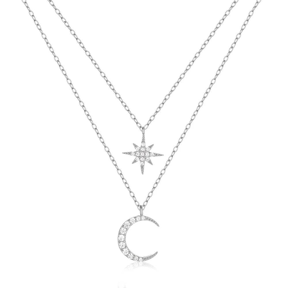 North Star and Crescent Moon Double Necklace Set