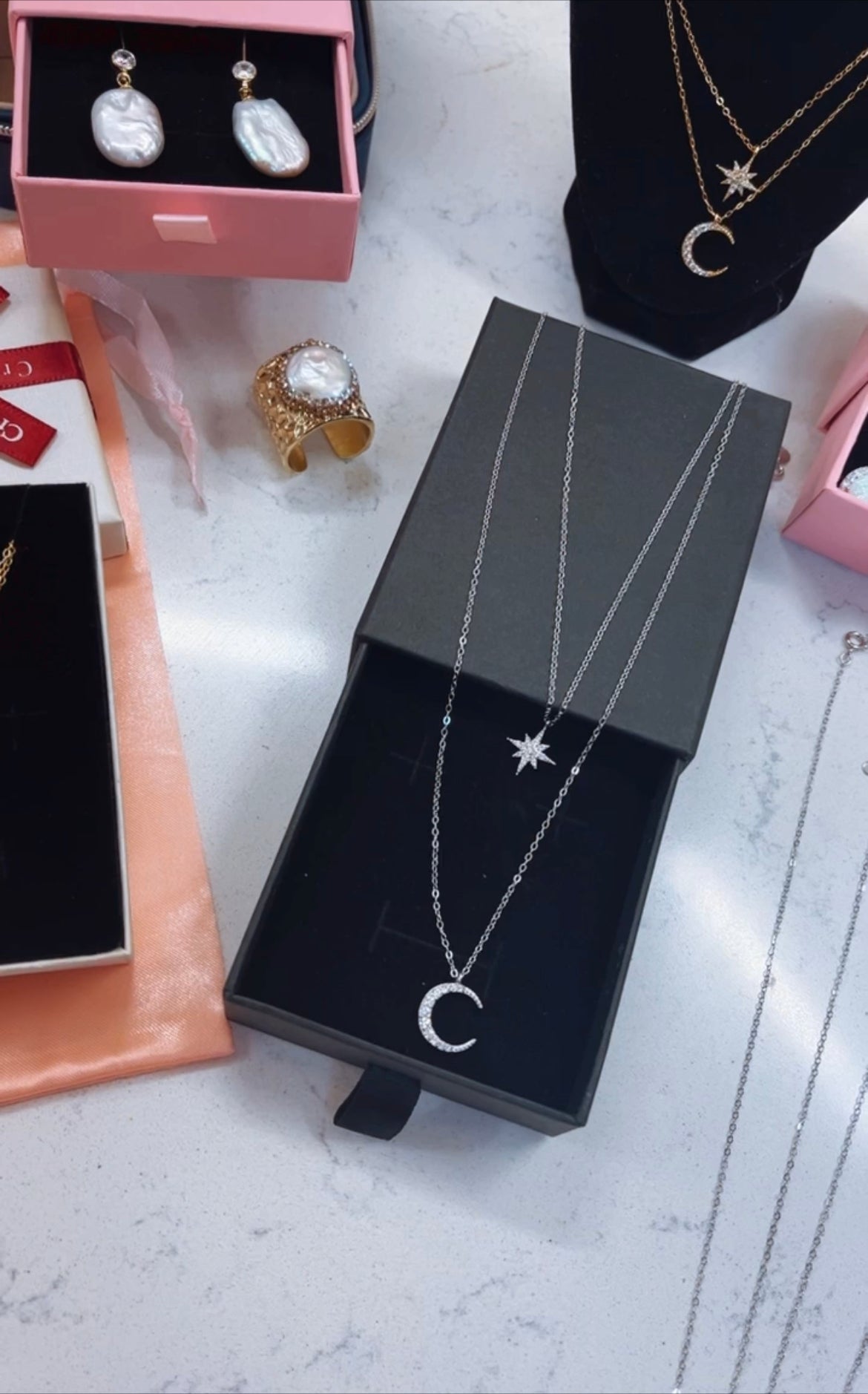 North Star and Crescent Moon Double Necklace Set