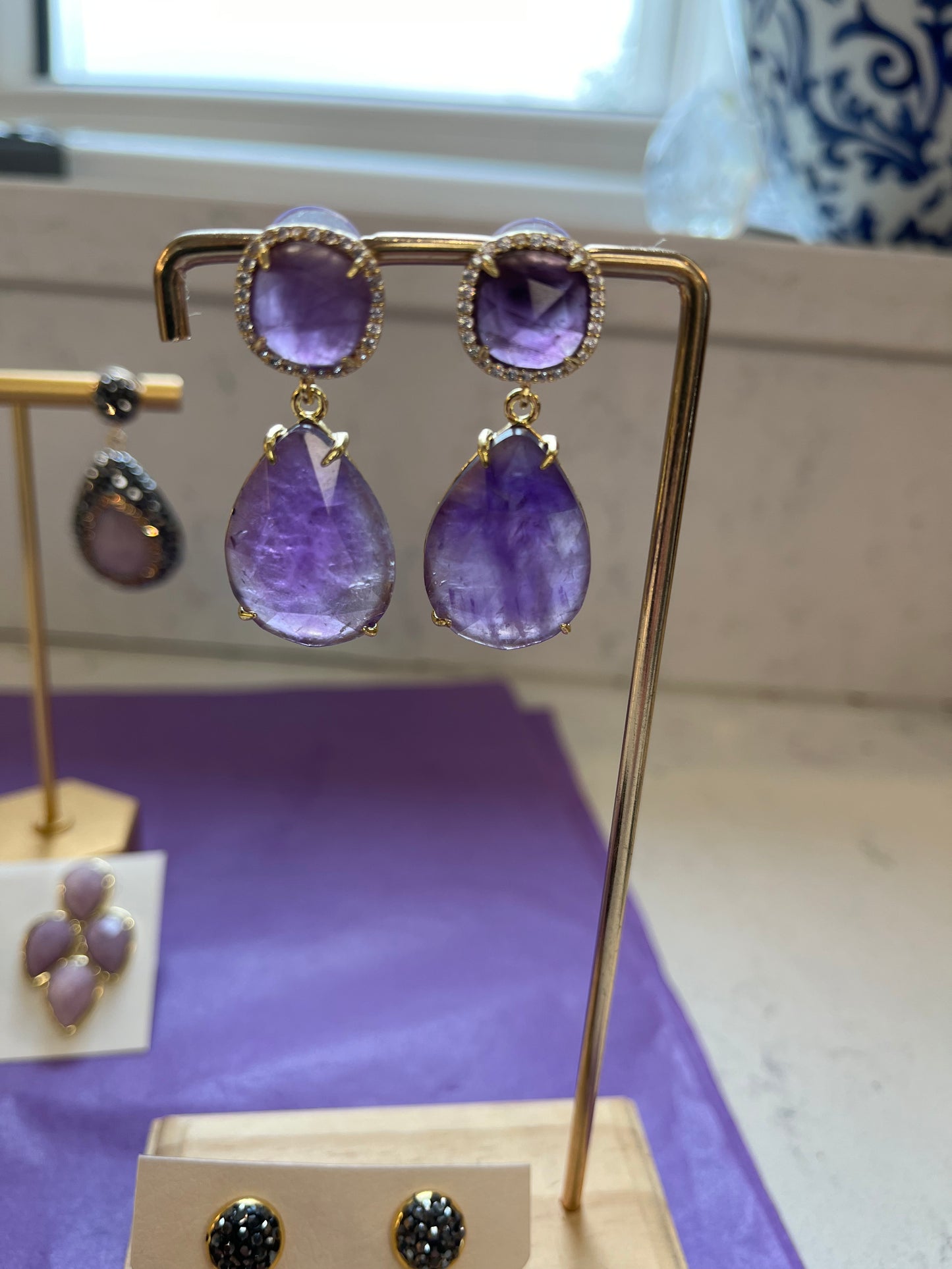 Amethyst Crystal Double Drop Earrings