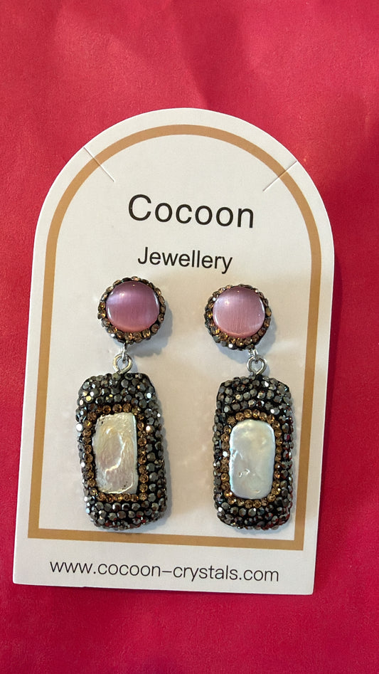 Pink Gemstone & Pearl Drop Earrings