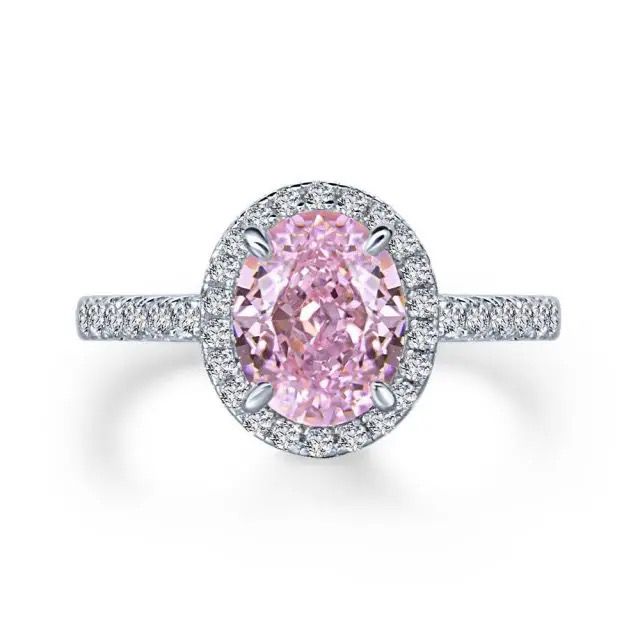 Oval Cut Pink Cubic Zirconia Diamond Halo Ring on Sterling Silver
