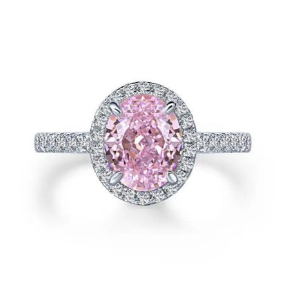 Oval Cut Pink Cubic Zirconia Diamond Halo Ring on Sterling Silver