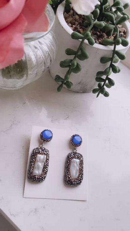 Blue Gemstone & Pearl Drop Earrings