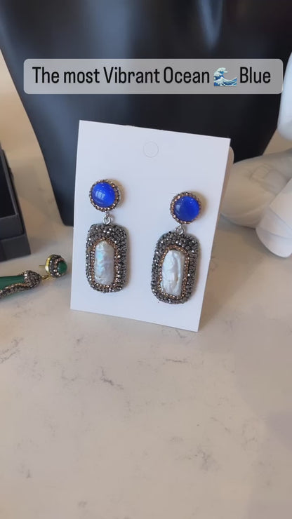 Blue Gemstone & Pearl Drop Earrings