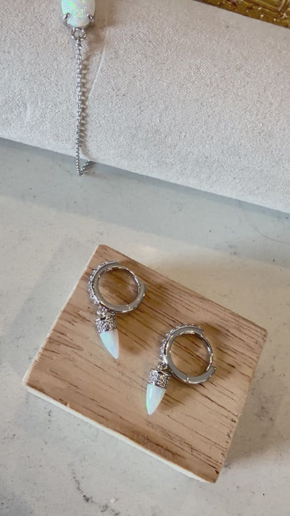 Opal & Diamond Huggie Earrings~ Silver