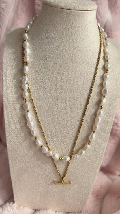 Pearl & T Bar Layered Necklace