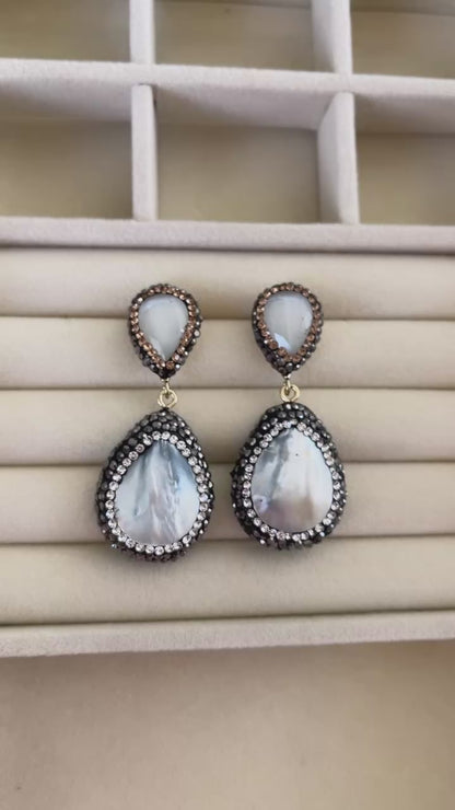“Silver Cloud” Gemstone & Shell Drop Earrings